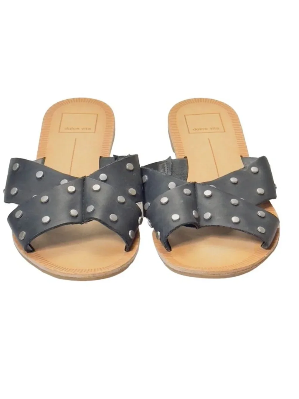 DOLCE VITA Women's Cary Black Studded Leather Cross Strap Sandals Flats Size 7M